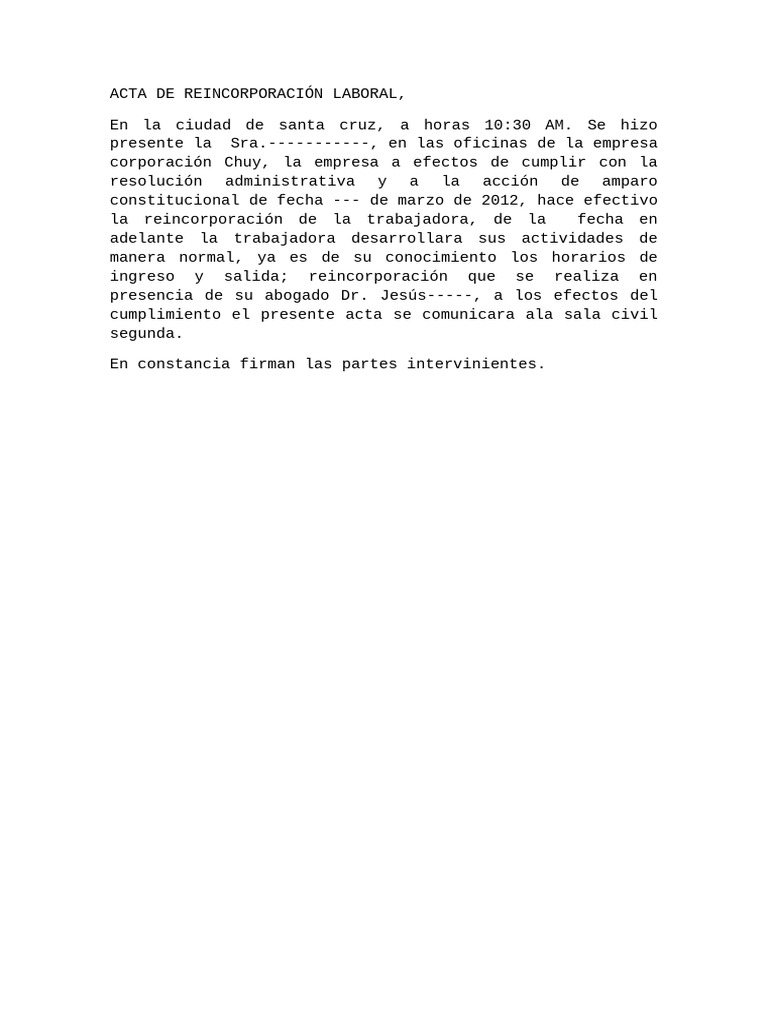 Acta de Reincorporación Laboral | PDF