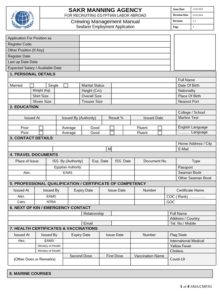 Seafarer Employment Application Form | PDF | Sailor | Ships