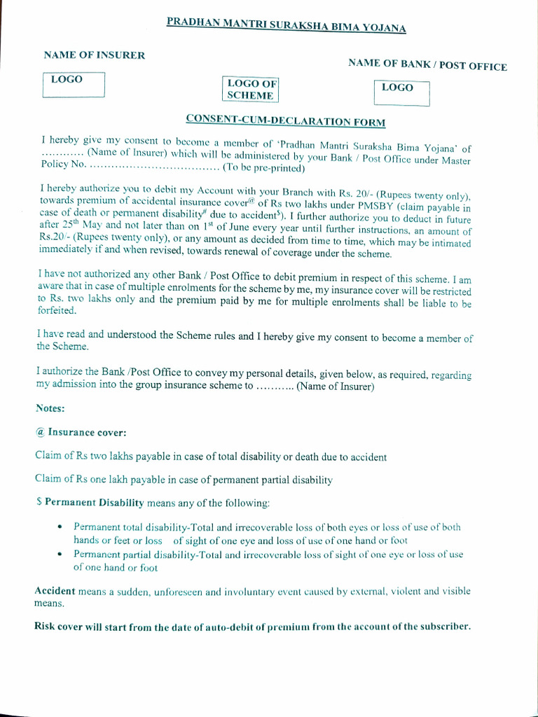 PMSBY Consent Form for Insurance Enrollment | PDF | Insurance