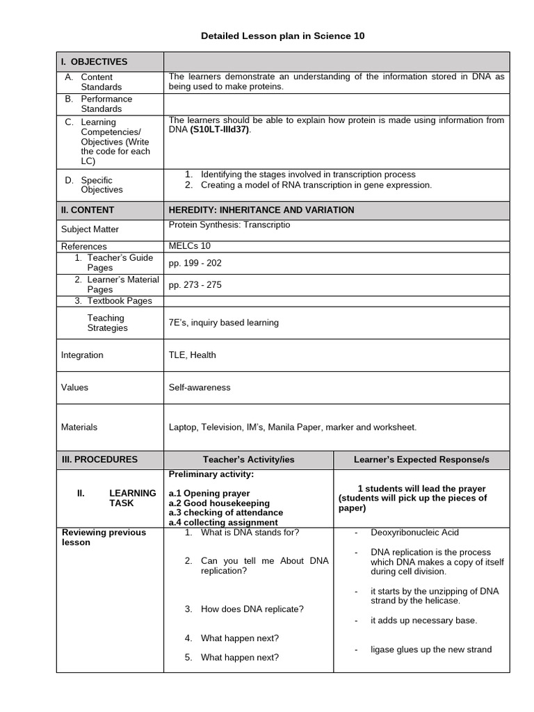 Science 10 Lesson Plan: DNA Transcription | PDF | Rna | Dna