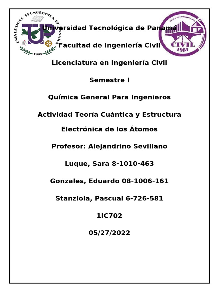 Actividad Teoría Cuántica y Estructura Electrónica de Los Átomos | PDF ...