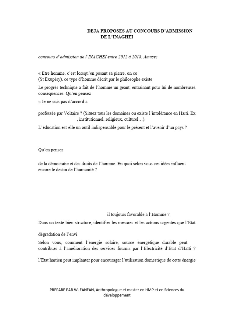 Sujets de concours INAGHEI 2012-2018 | PDF | Haïti | État