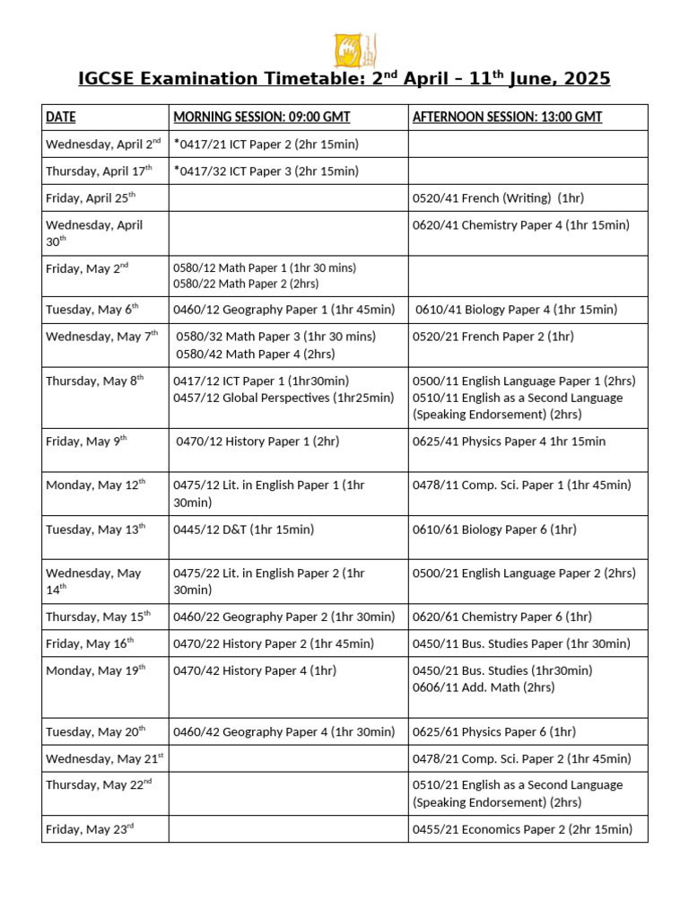 IGCSE May/June 2025 Exam Schedule | PDF