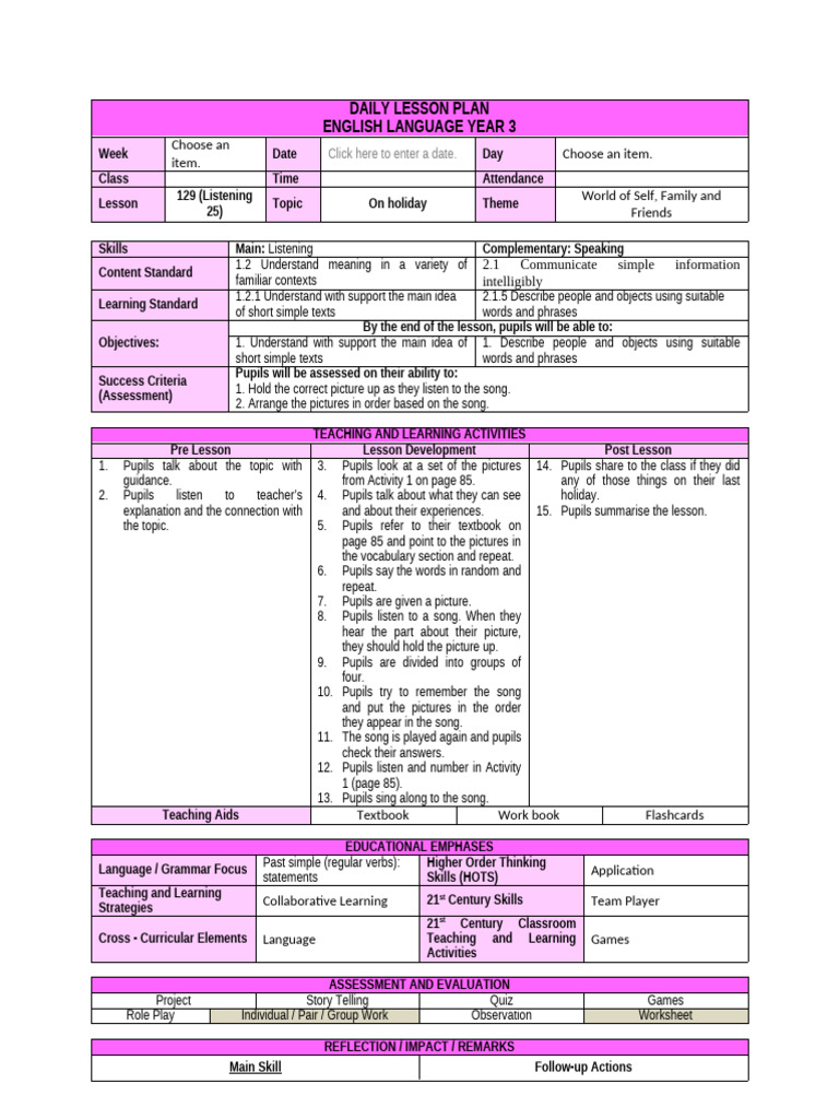 Year 3 English Lesson Plan: Holidays | PDF | Lesson Plan | Curriculum