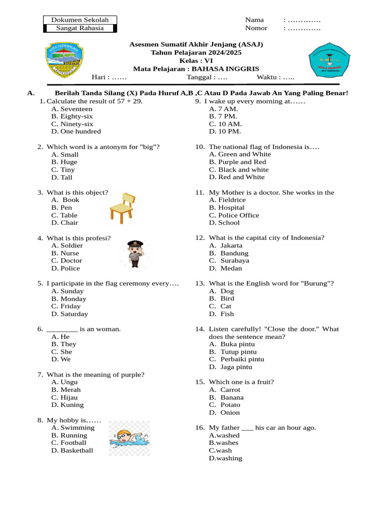 ASAJ English Assessment Grade VI | PDF