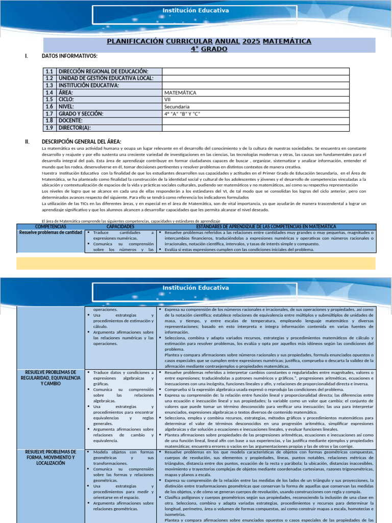 Planificación Curricular Matemática 2025 | PDF | Ecuaciones | Geometría
