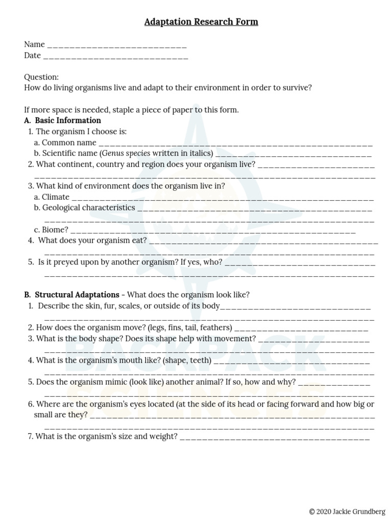 Organism Adaptation Research Form | PDF | Biology | Zoology