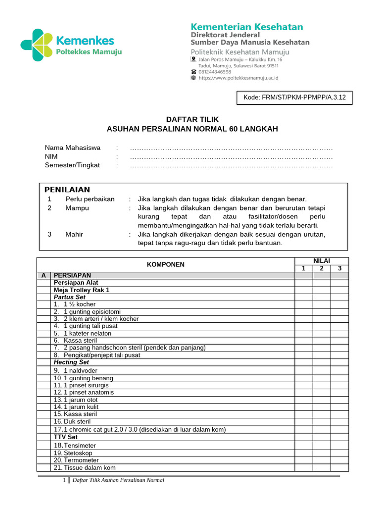 Daftar Tilik Persalinan Normal | PDF
