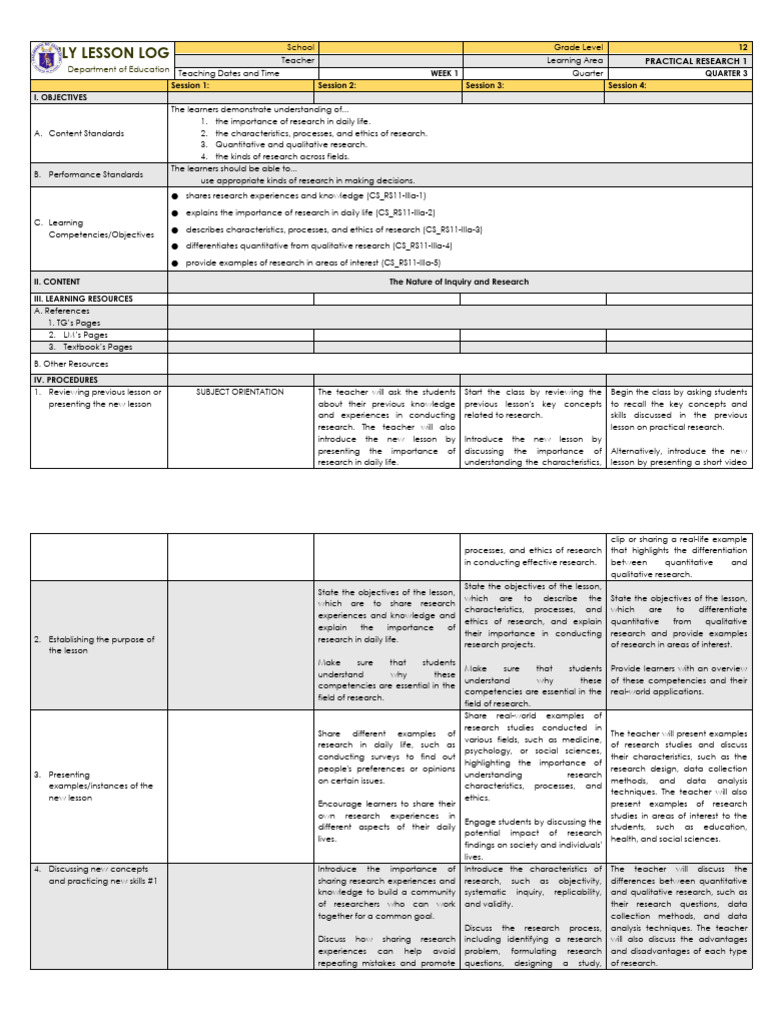 Practical Research 1 Lesson Plan | PDF | Qualitative Research ...