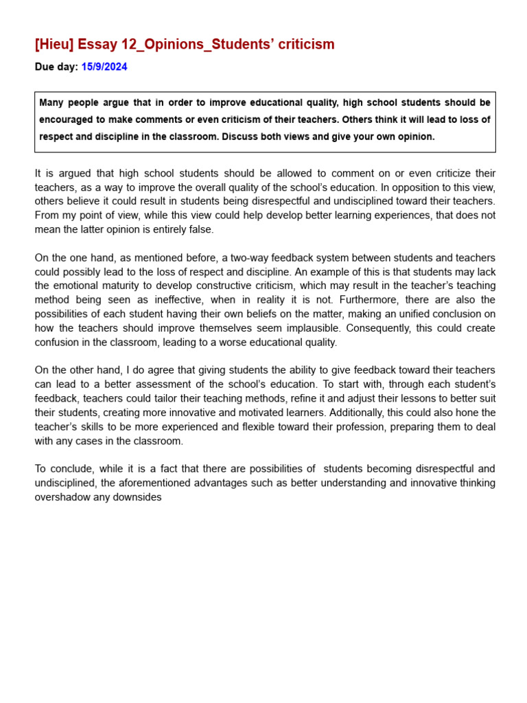 Student Critique of Teachers: Pros and Cons | PDF