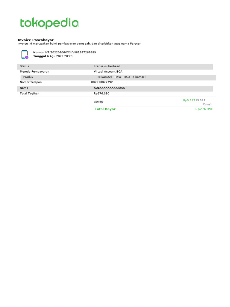Invoice Pembayaran Telkomsel Rp276.390 | PDF