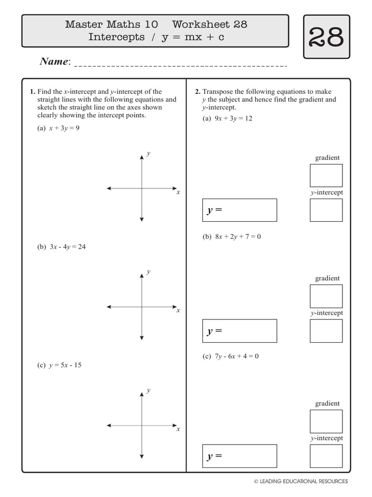 Master Maths 10: Intercepts Worksheet | PDF