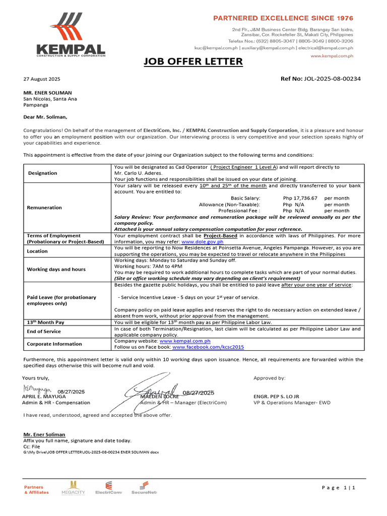 Job Offer for Cad Operator Position | PDF | Salary | Business Ethics