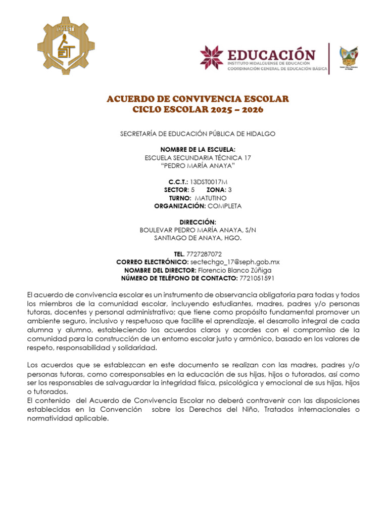 Acuerdo de Convivencia Escolar 2025-2026 | PDF | Escuelas | Cuidado de ...