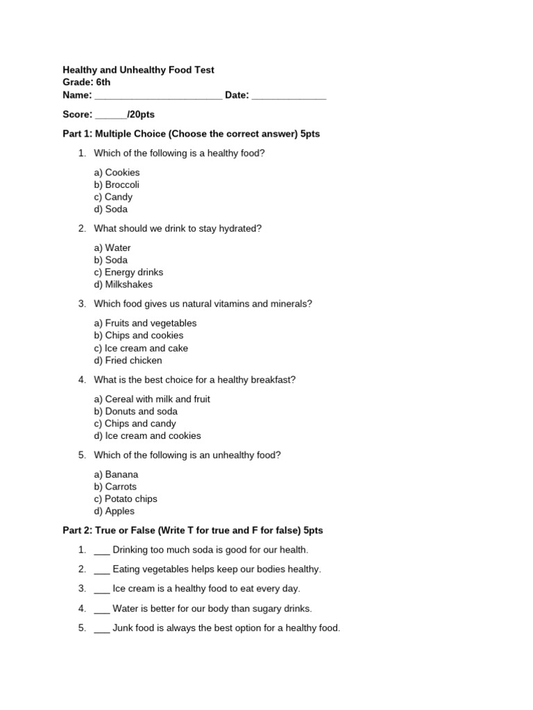 Healthy vs Unhealthy Food Quiz | PDF