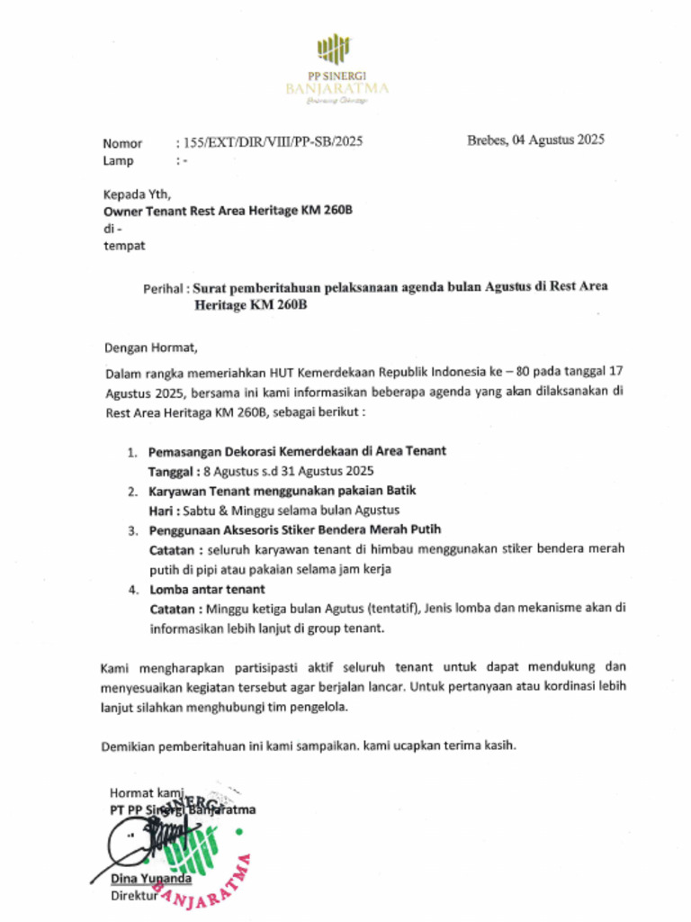 Surat Pemberitahuan Agenda Tenant Bulan Agustus Di Rest Area Heritage ...