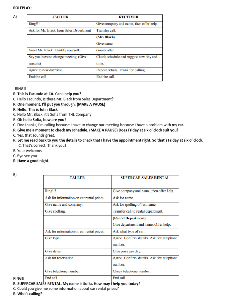 Business Phone Call Roleplay Scenarios | PDF