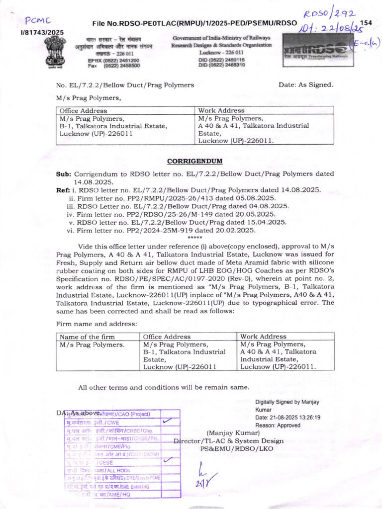 Corrigendum To RDSO Letter No EL 7 2 2 Bellow Duct Prag Polymers.2025 ...