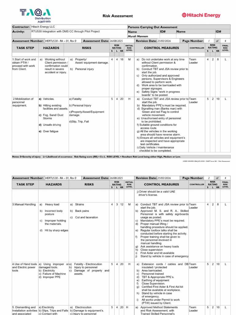 Risk Assessment - RTU530 TAQA D | PDF