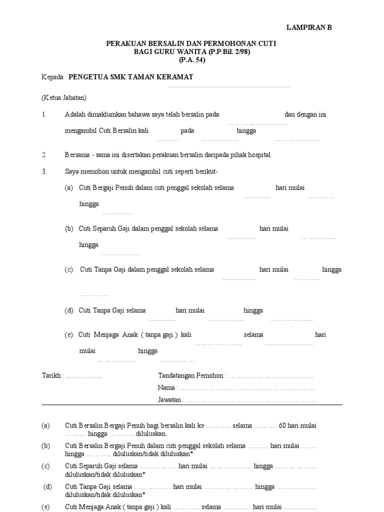 Borang Cuti Tanpa Gaji Bagi Cuti Bersalin Anak Ke 6  PDF