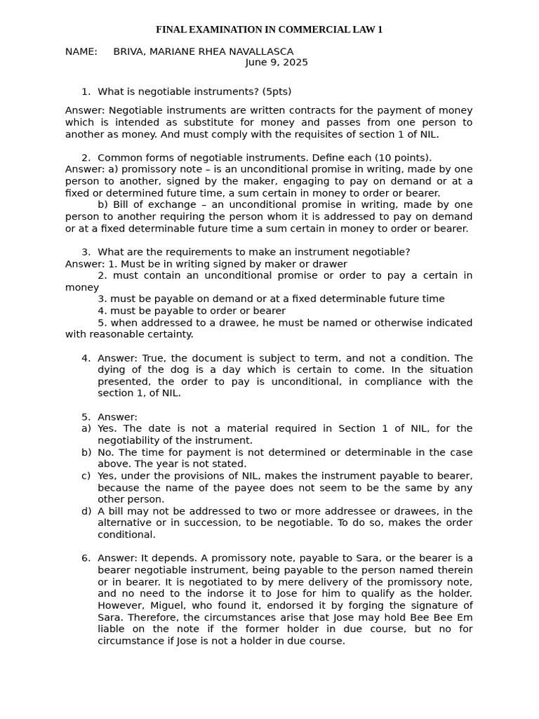 Commercial Law Exam: Negotiable Instruments | PDF | Negotiable ...