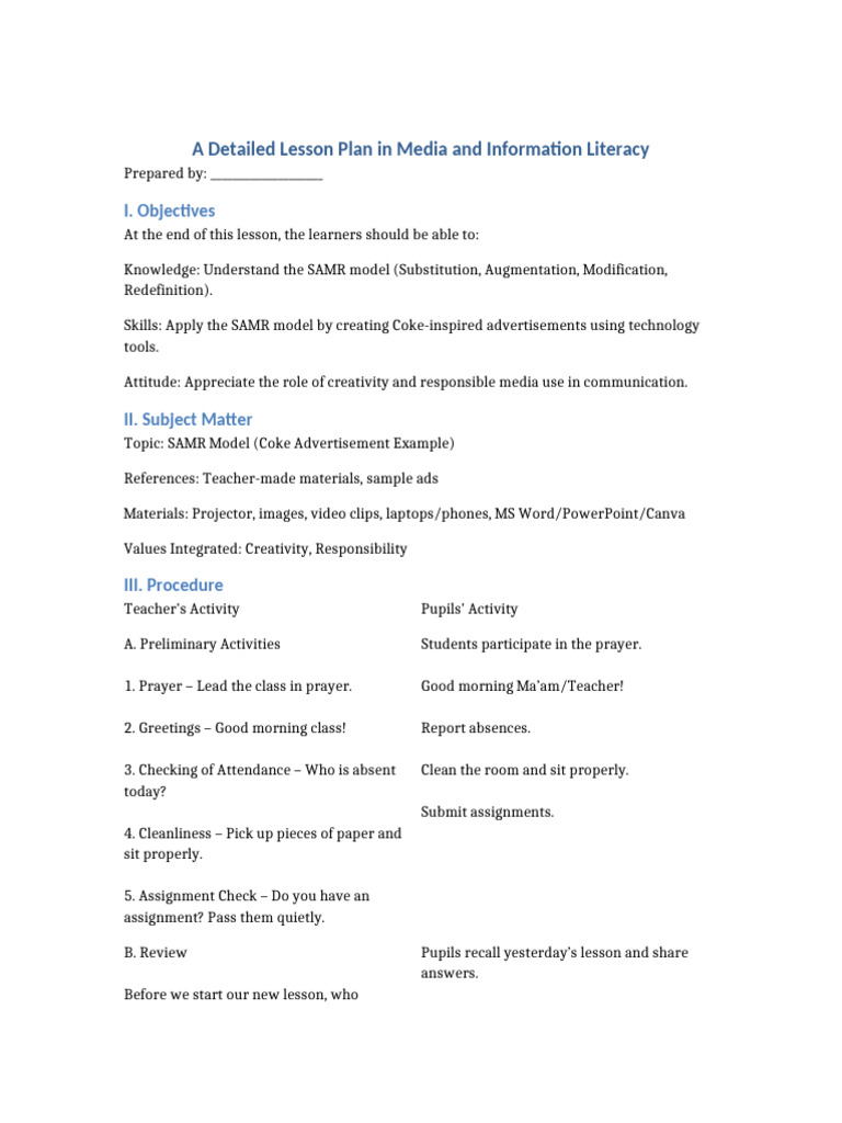 SAMR Model Lesson Plan Example | PDF | Teachers | Advertising