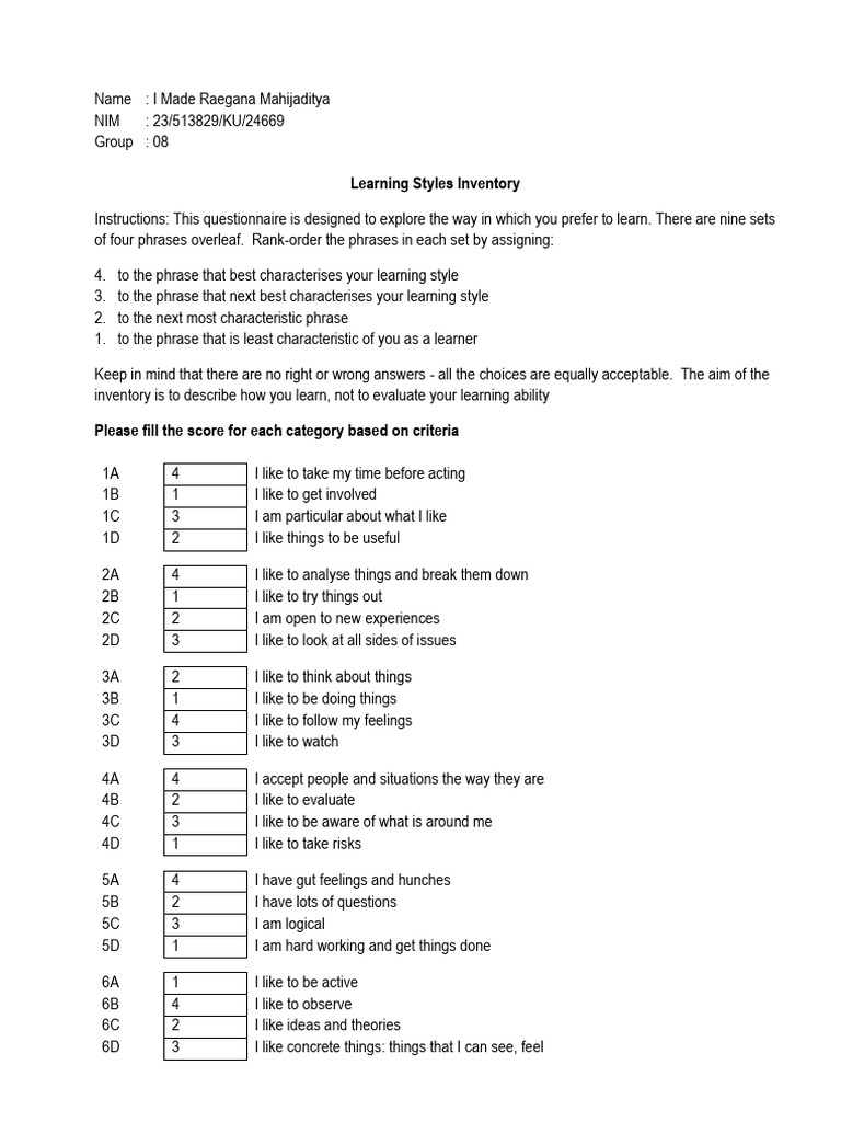 Learning Styles Inventory Questionnaire | PDF | Learning Styles | Cognition