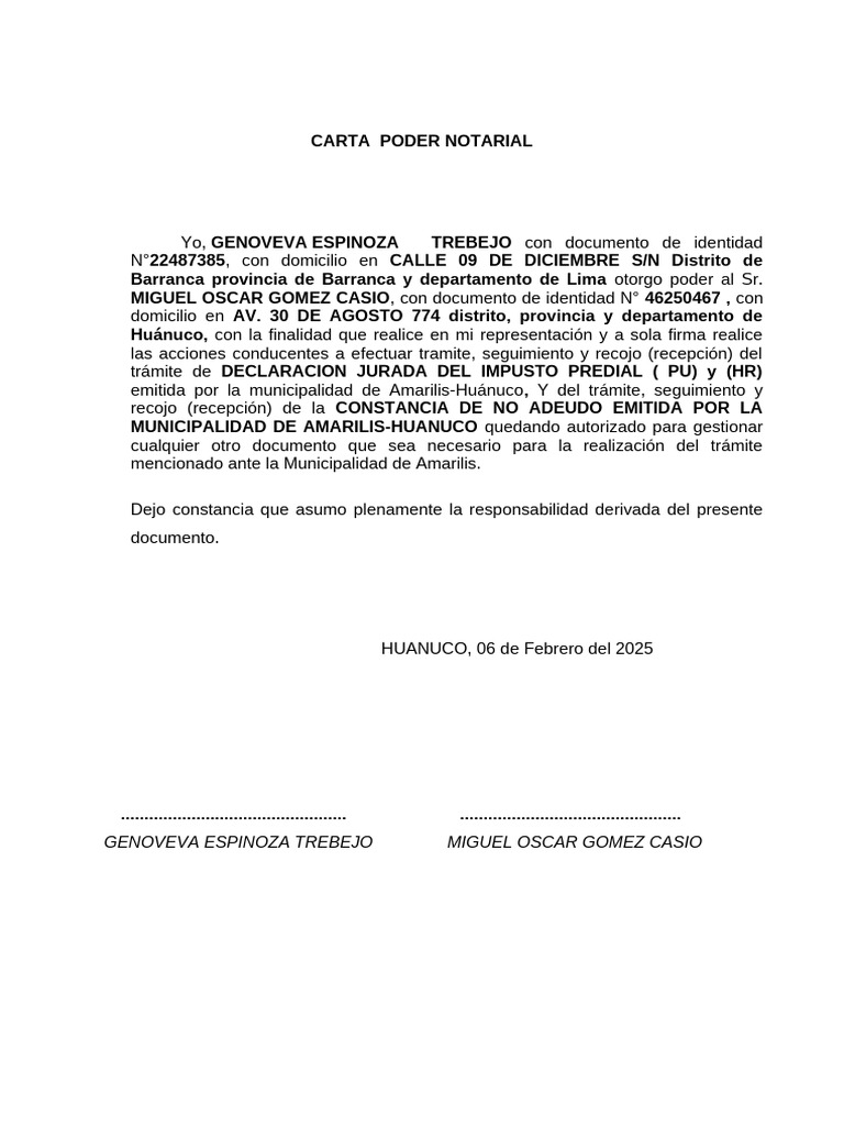 Carta Poder Notarial para Trámites Municipales | PDF