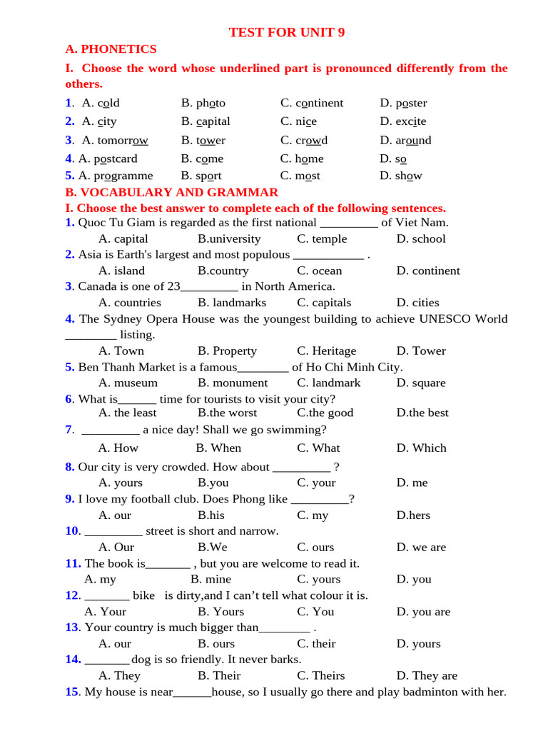 Unit 9 Phonetics, Vocabulary, and Grammar Test | PDF