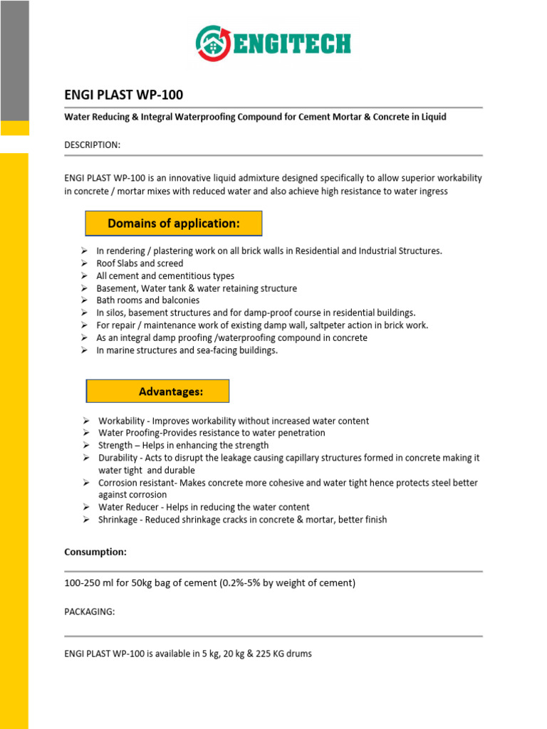 ENGI PLAST WP-100 Waterproofing Admixture | PDF | Concrete | Plaster