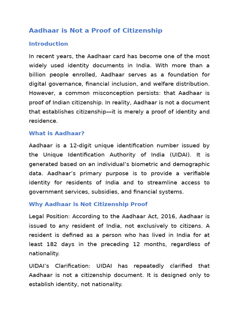 Aadhaar: Not Proof of Citizenship | PDF | Identity Document | Privacy