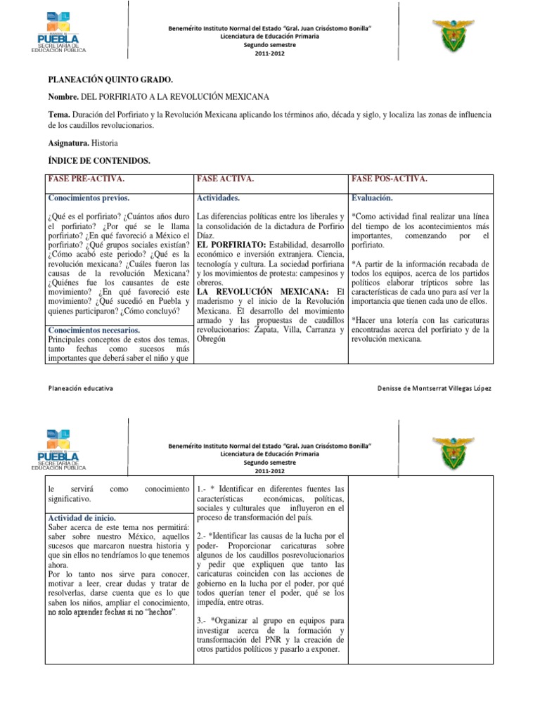 Planeación Quinto Grado PDF revolución mejicana México