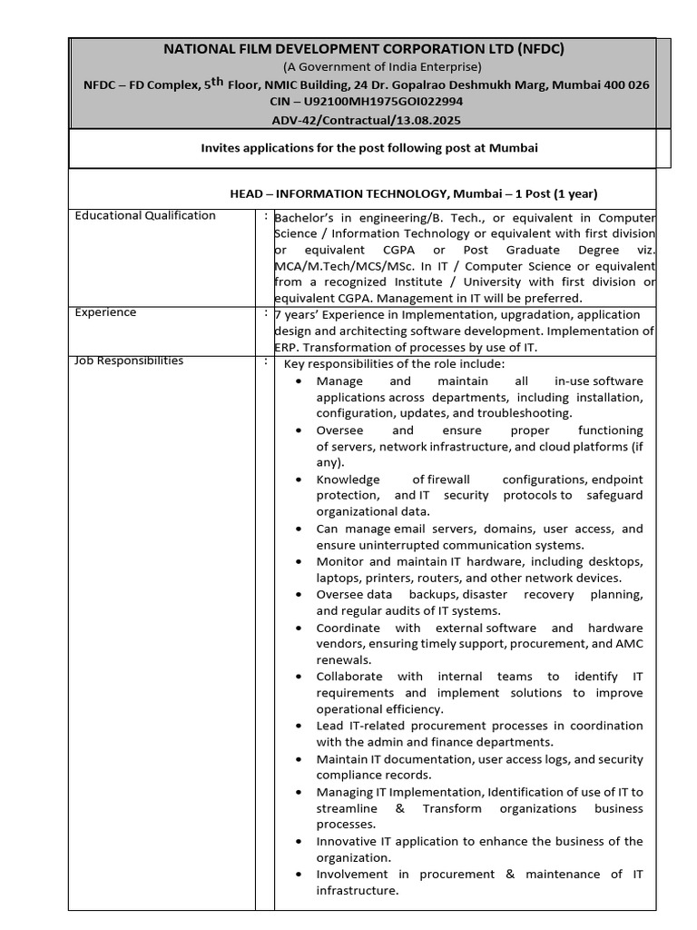 NFDC Mumbai IT Head Recruitment Notice | PDF | Computer Network ...