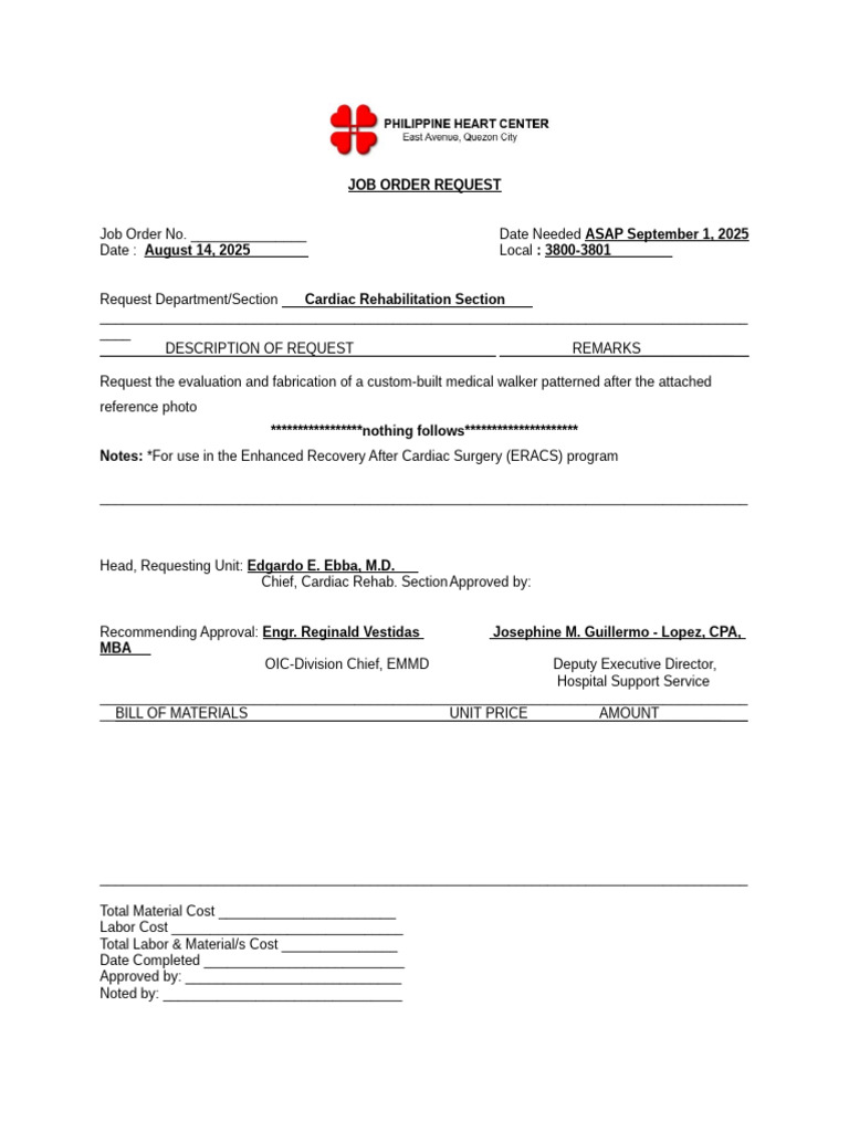 Custom Medical Walker Job Order Request | PDF