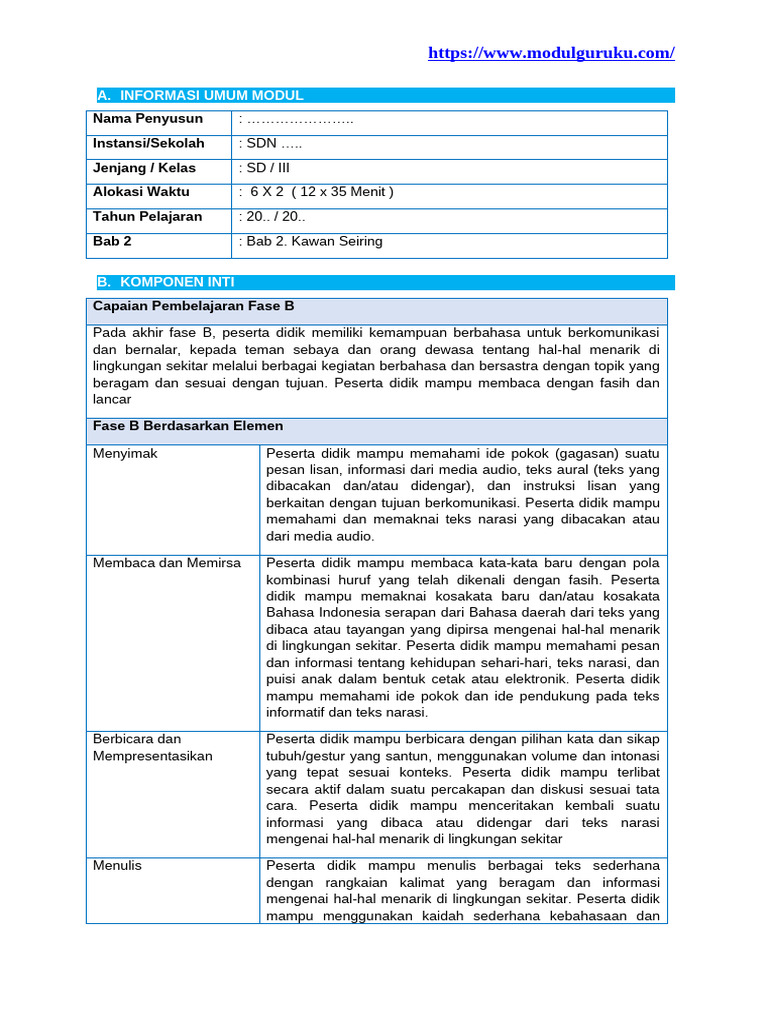 Modul Ajar Bahasa Indonesia Kelas 3 Bab 2 (Modulguruku - Com) | PDF