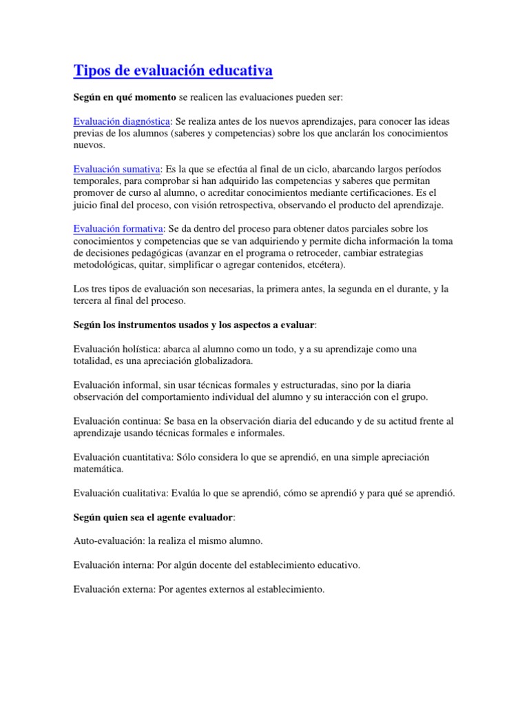 Tipos de Evaluación Educativa | PDF | Evaluación | Aprendizaje