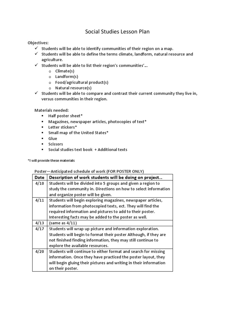 Social Studies Lesson Plan Date Description of Work Students Will Be