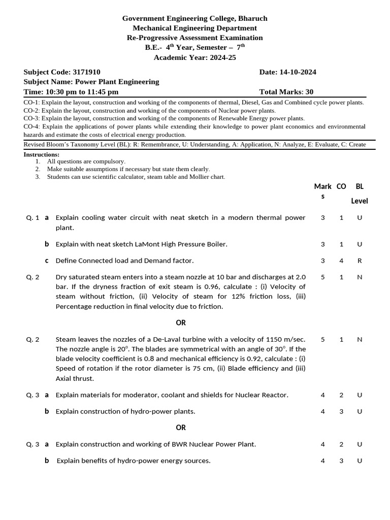 Power Plant Engineering Exam 2024-25 | PDF | Turbine | Sustainable ...