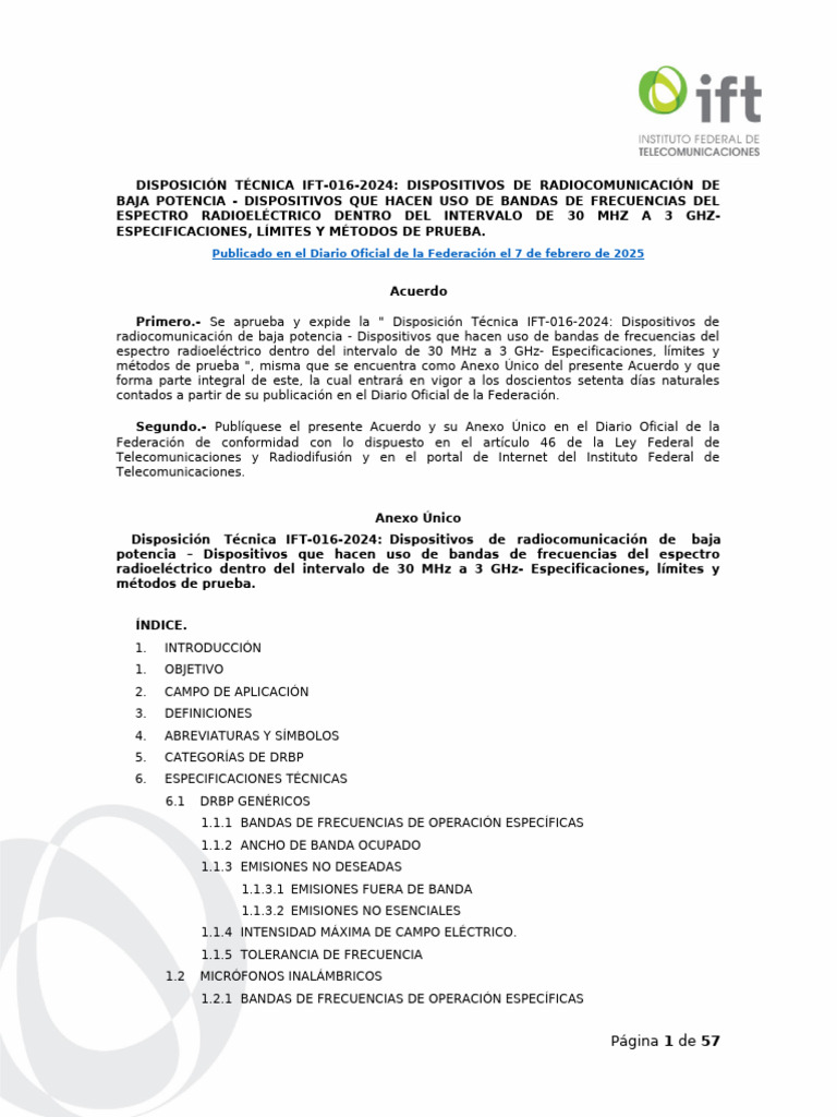Especificaciones IFT-016-2024 para DRBP | PDF | Radio | Antena (Radio)