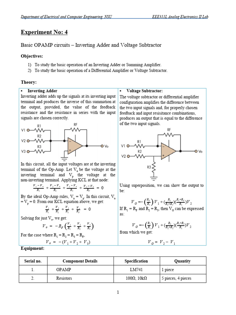OPAMP Inverting Adder & Subtractor Lab | PDF | Operational Amplifier ...
