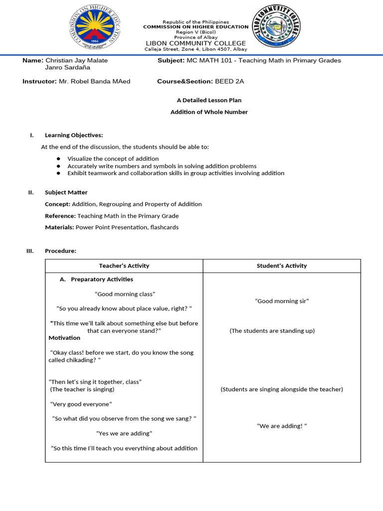 Grade 2-3 Addition Lesson Plan | PDF | Lesson Plan | Learning