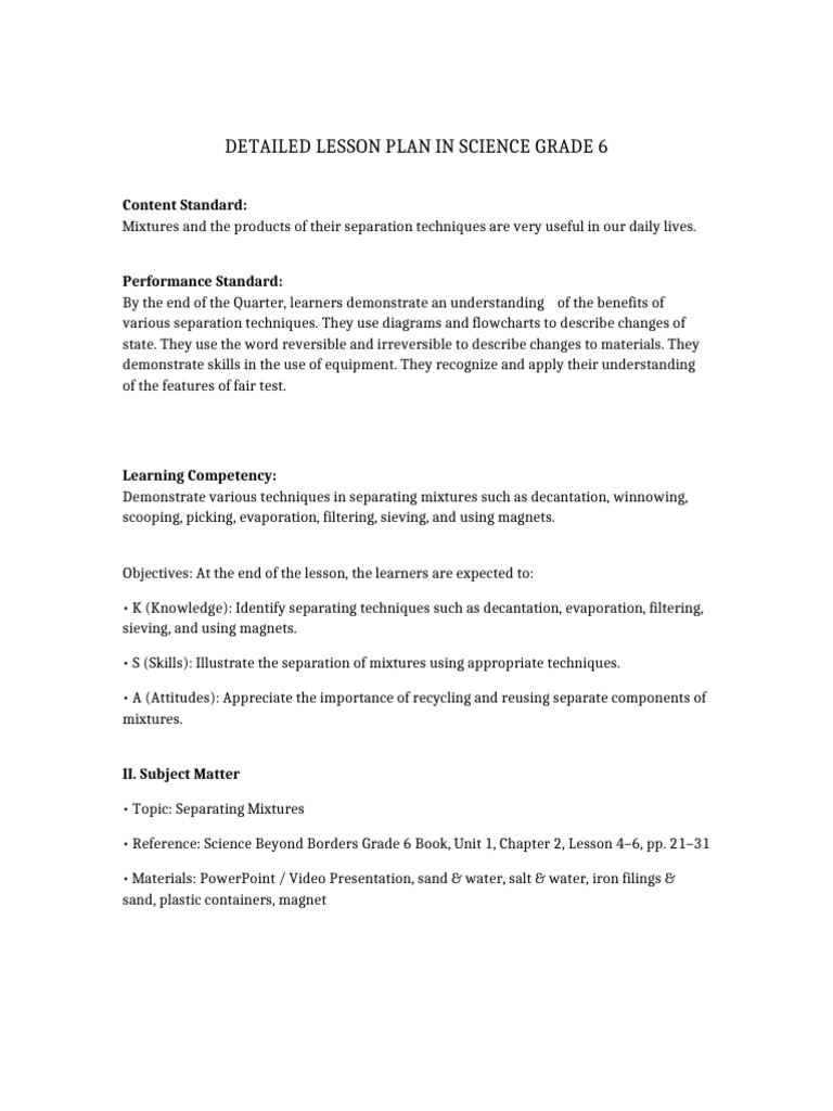 Grade 6 Science: Separating Mixtures Lesson | PDF | Filtration | Water