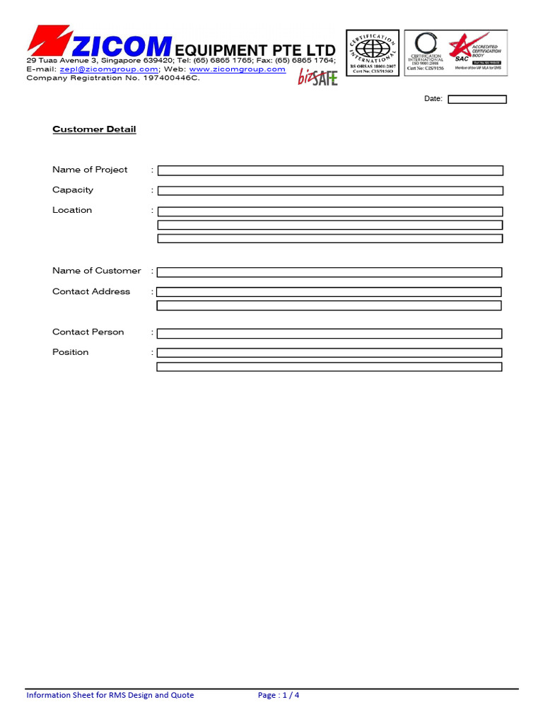 RMS Design and Quote Information Sheet | PDF | Gases | Energy Technology