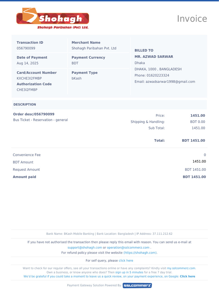 Invoice: Transaction ID Merchant Name Billed To Mr. Azwad Sarwar | PDF ...