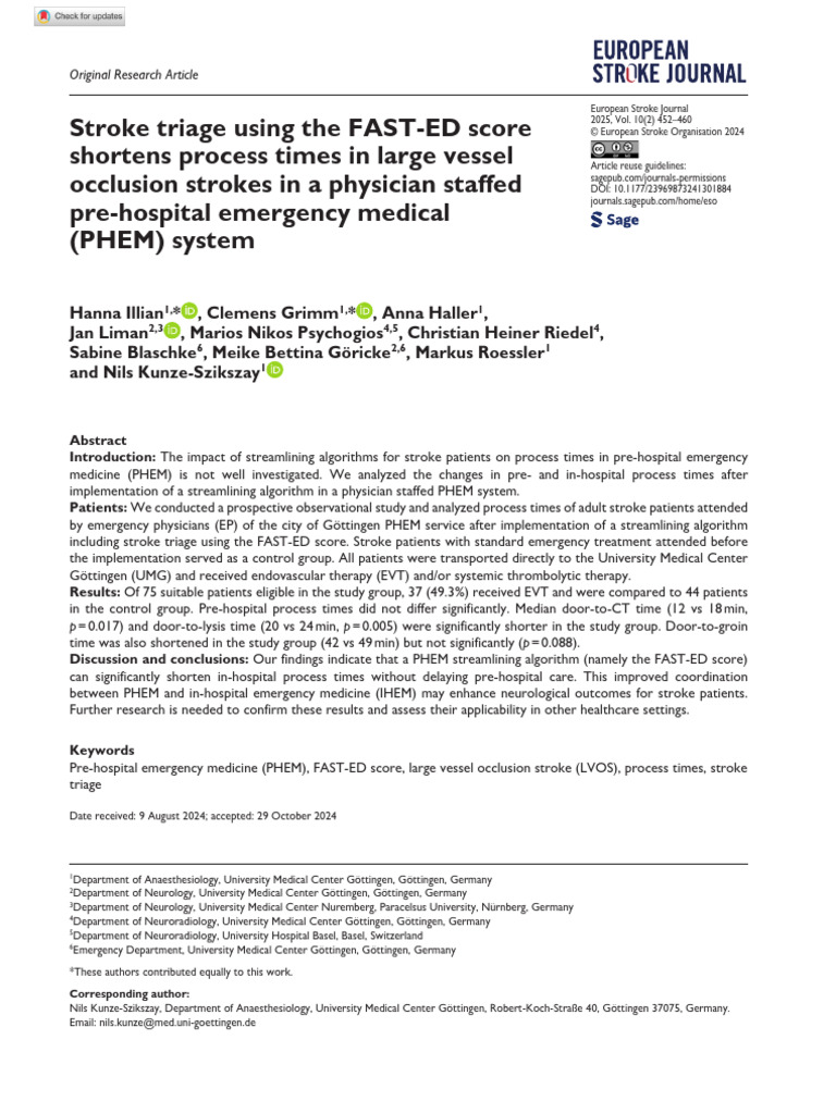 Illian Et Al 2024 Stroke Triage Using The Fast Ed Score Shortens ...