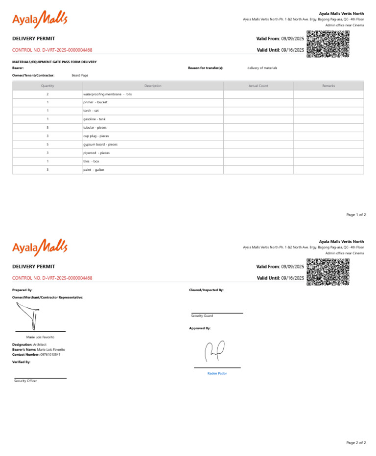 Delivery Gate Pass Form for Materials | PDF