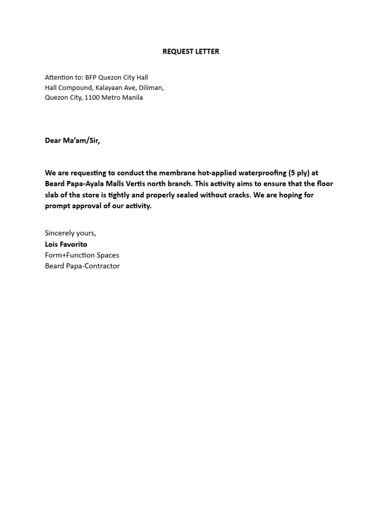 Permits Wp-Vrt-2025-0000006322 Request Letter BFP Torch Waterproofing | PDF