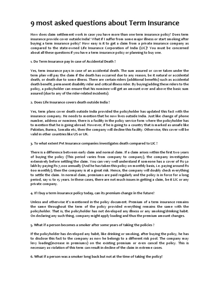 Top 9 FAQs About Term Insurance | PDF