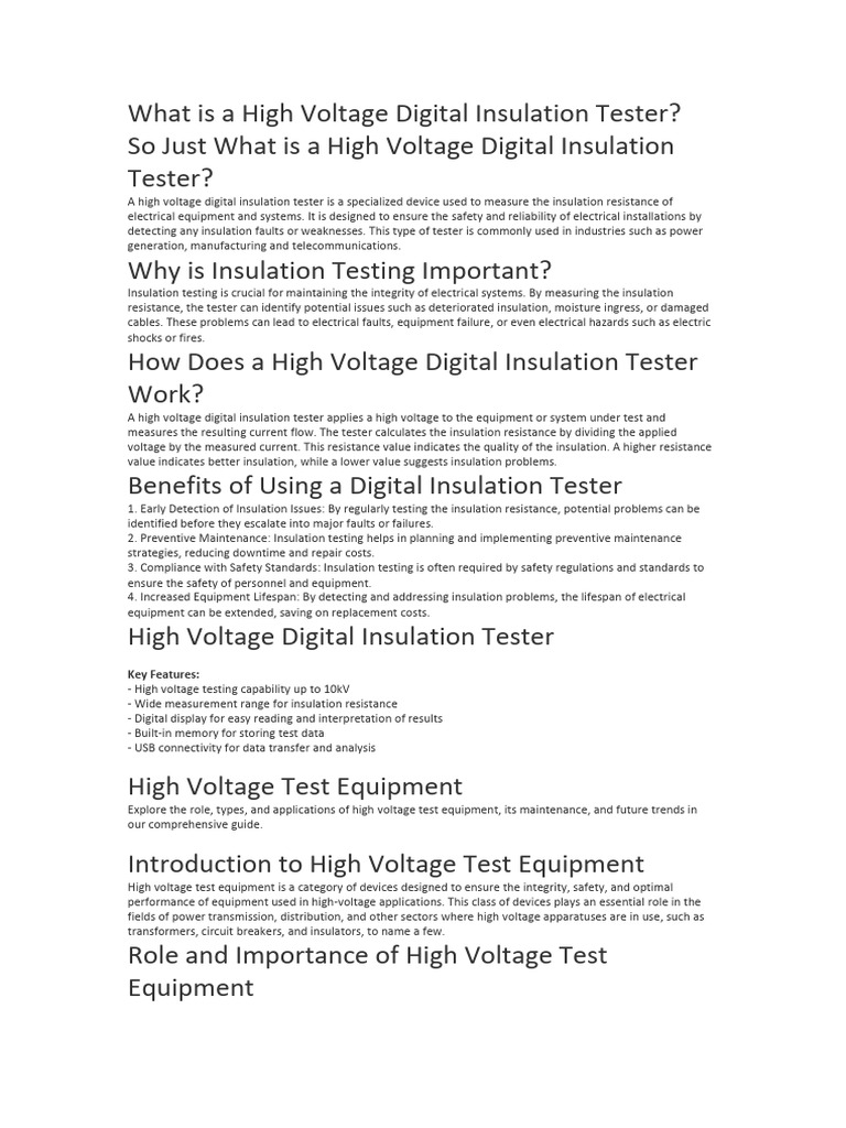 High Voltage Digital Insulation Tester Overview | PDF | Insulator ...
