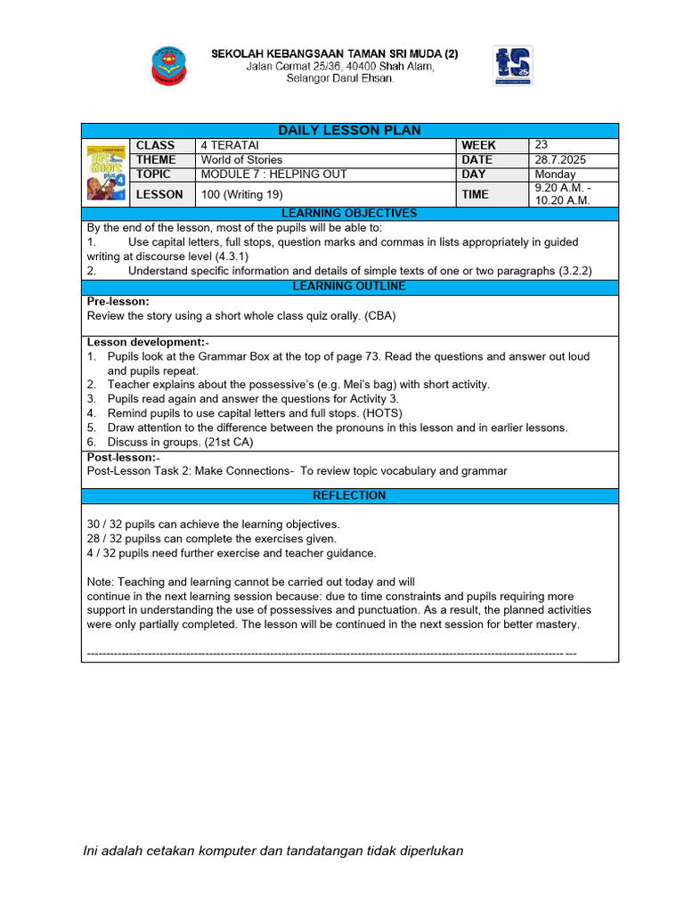 Daily Lesson Plans for Class 4 Teratai | PDF | Lesson Plan | Teachers